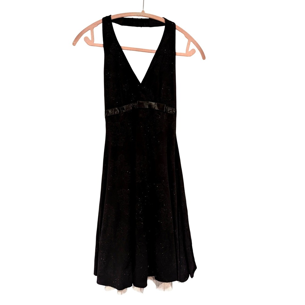 Vintage‎ Halter Dress XS Black Glitter Floral Damask Tulle Hem Y2K Party Prom